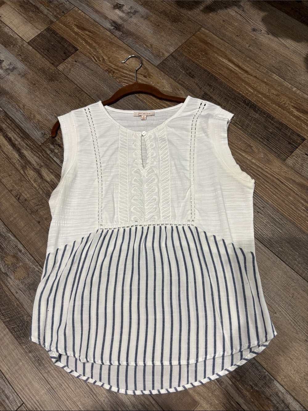 Skies Are Blue White Knit Sleeveless Top with Navy Stripes